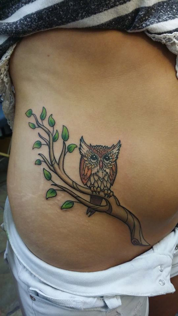 Classic Owl On Branch Tattoo On Girl Right Side Rib
