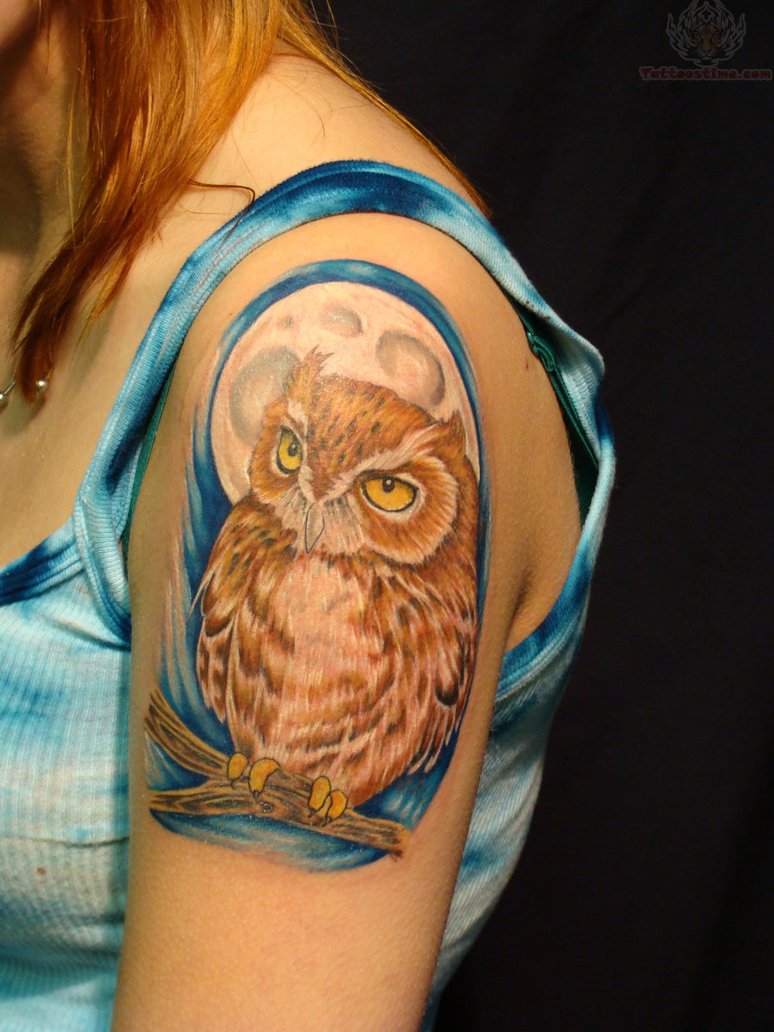 Classic Owl On Tree Branch On Moon Tattoo On Girl Left Shoulder