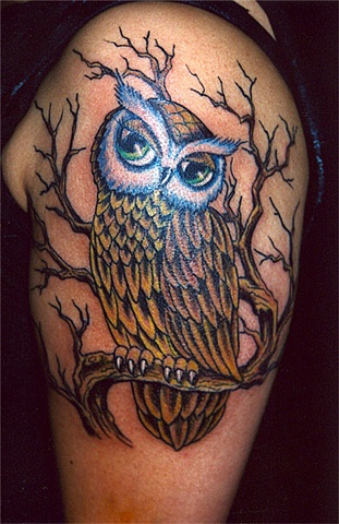 Classic Owl Tattoo On Female Left Shoulder