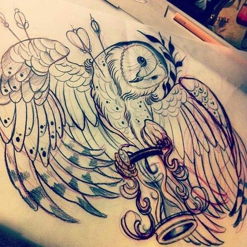 Classic Owl With Hourglass Tattoo Design By Miss Drama