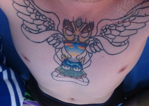 Classic Owl With Hourglass Tattoo On Man Chest