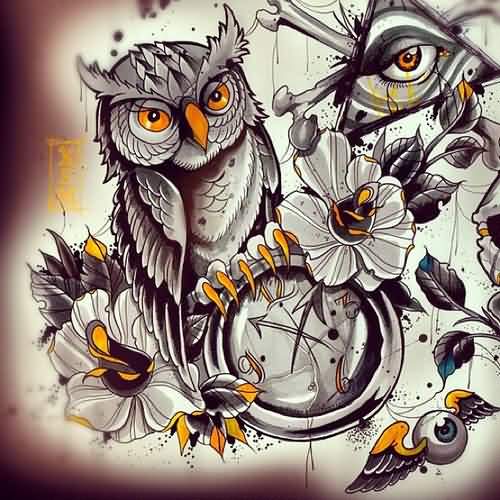 Classic Owl With Pocket Watch Tattoo Design