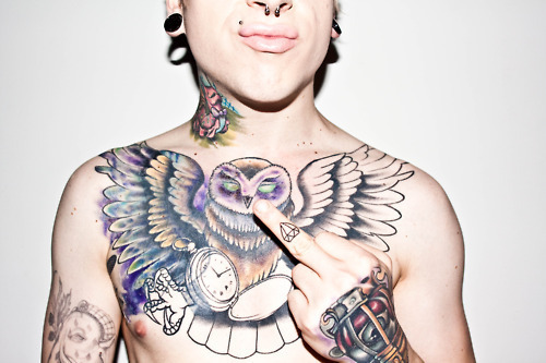 Classic Owl With Pocket Watch Tattoo On Man Chest