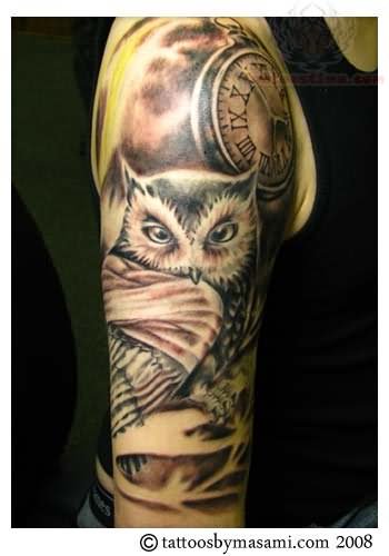 Classic Owl With Pocket Watch Tattoo On Right Half Sleeve By sophhammy