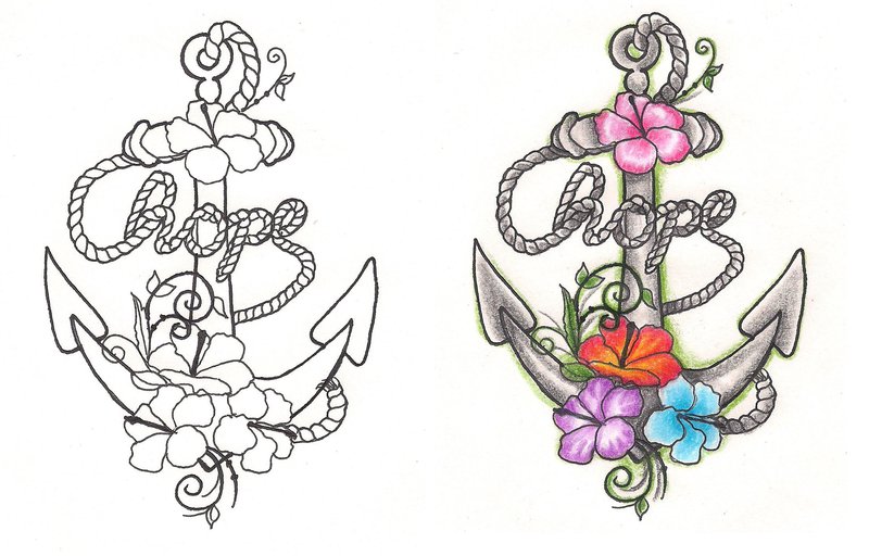 Classic Two Anchor With Flowers Tattoo Design
