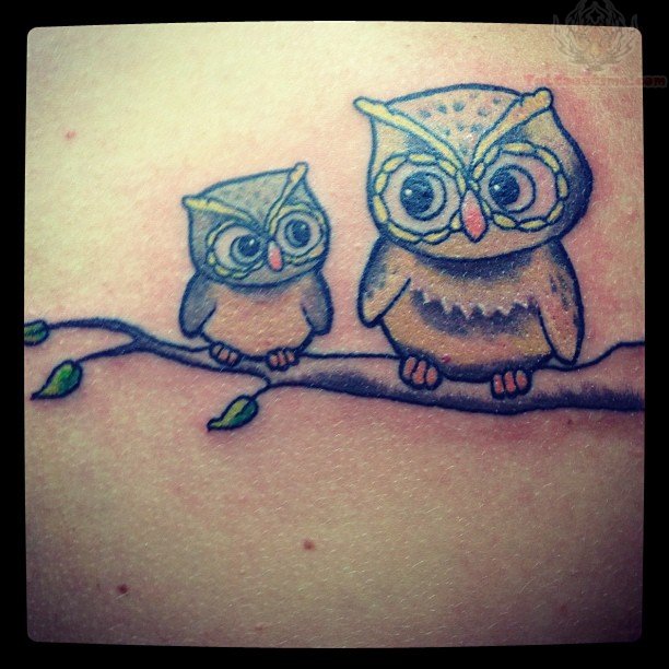 Classic Two Owl On Branch Tattoo Design