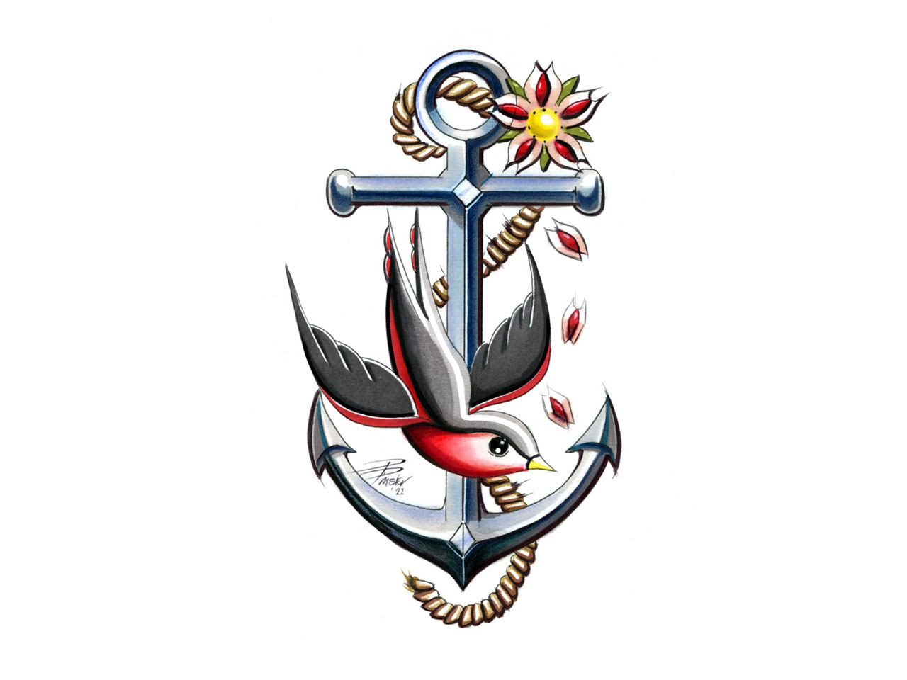 Colorful Anchor With Flower And Flying Bird Tattoo Design