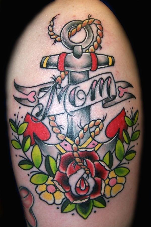Colorful Anchor With Flowers And Mom Banner Tattoo On Right Shoulder