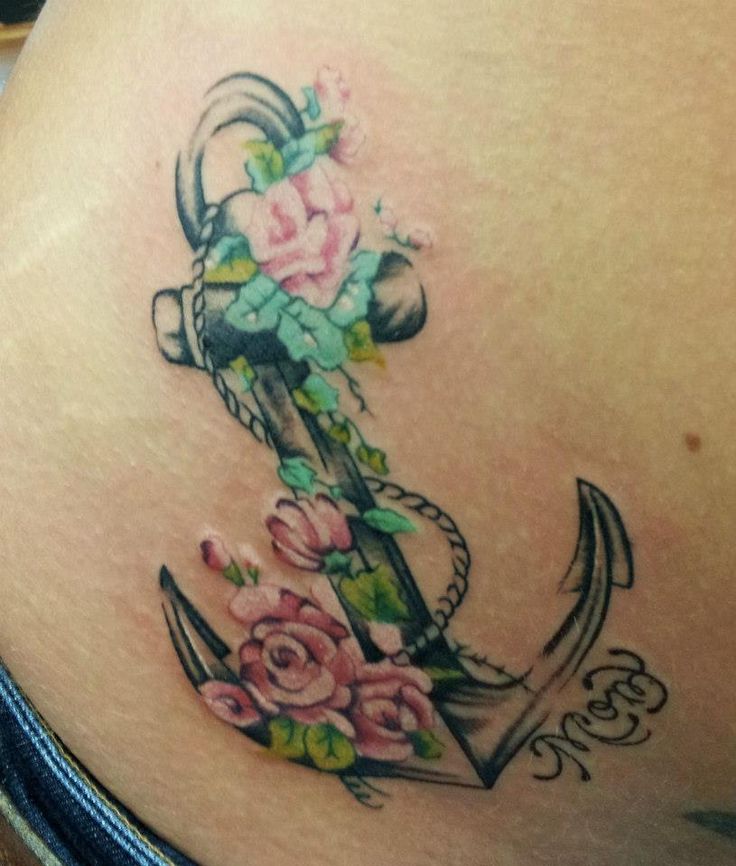 Colorful Anchor With Flowers Tattoo Design For Waist