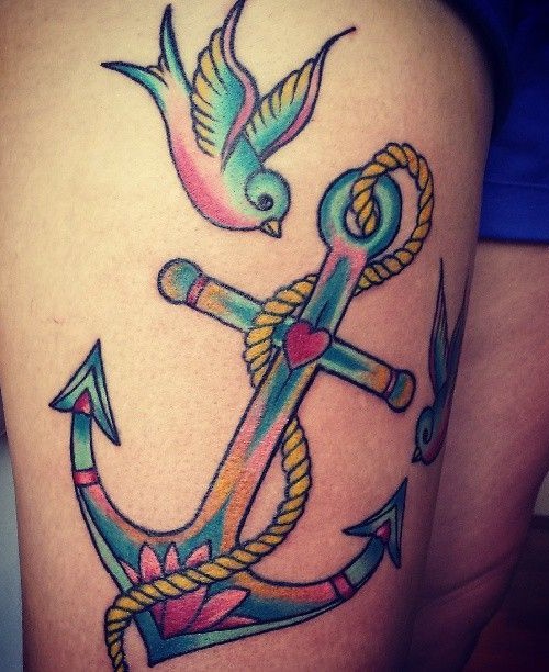 Colorful Anchor With Flying Bird Tattoo On Women Right Thigh