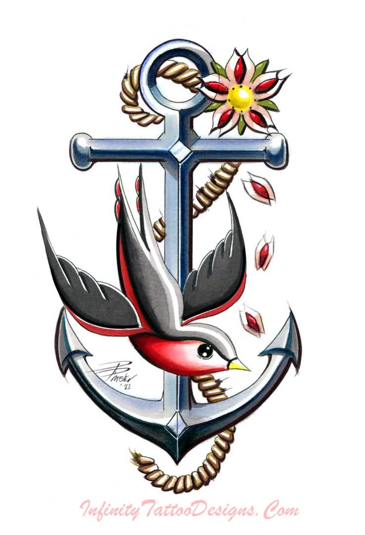 Colorful Anchor With Flying Birds Tattoo Design