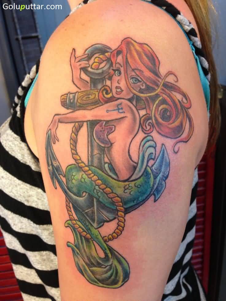 Colorful Anchor With Mermaid Tattoo On Girl Left Shoulder