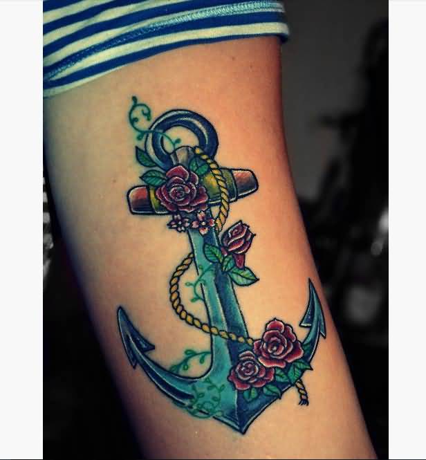 Colorful Anchor With Roses Tattoo On Right Half Sleeve