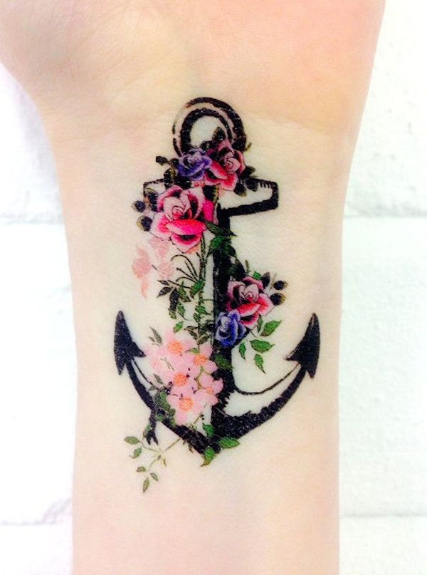 Colorful Flowers With Anchor Tattoo Design For Wrist