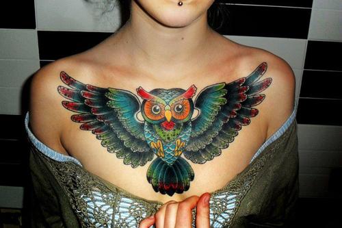Colorful Flying Owl Tattoo On Girl Collar Bone