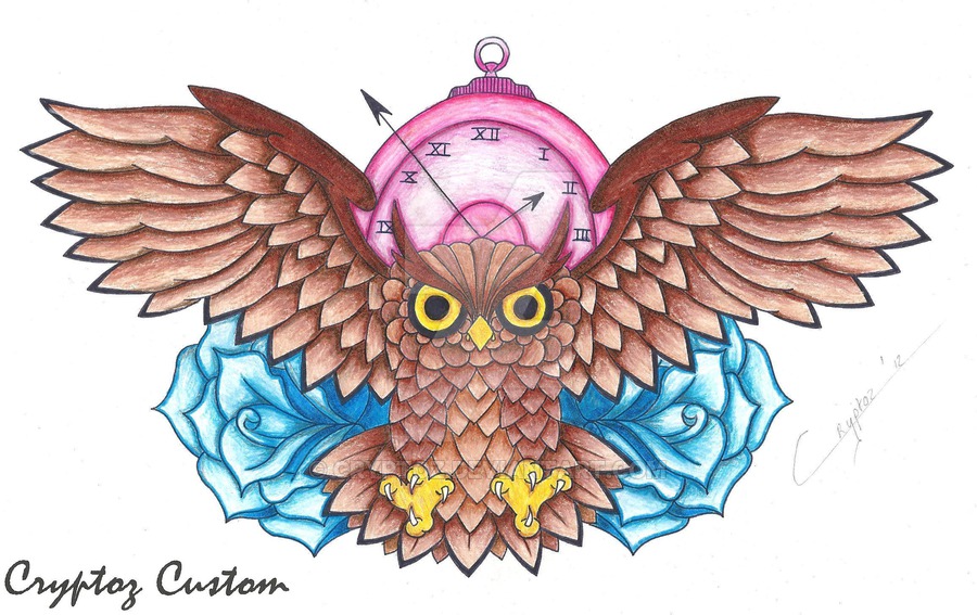 Colorful Flying Owl With Clock And Roses Tattoo Design By Toine