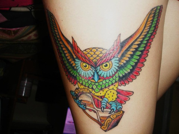 Colorful Flying Owl With Hourglass Tattoo