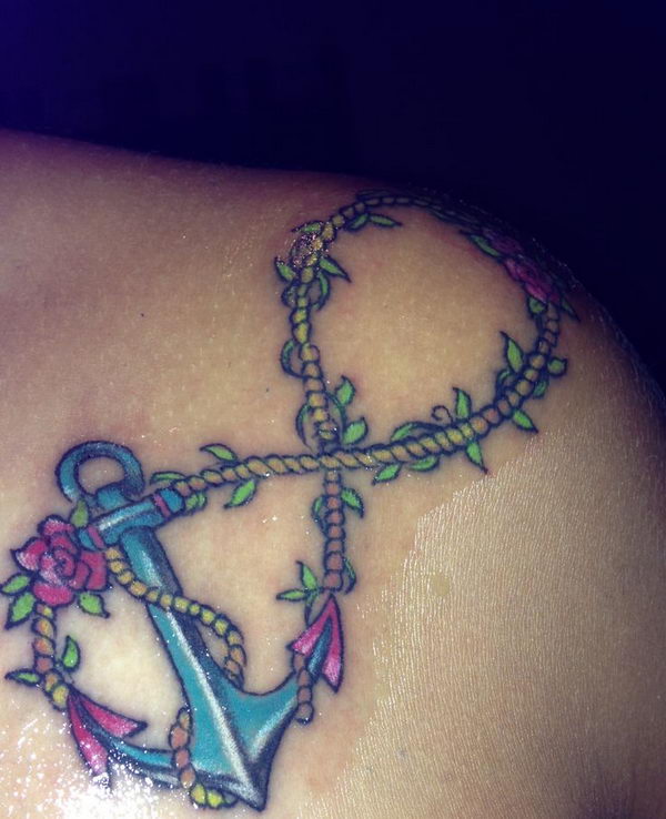 Colorful Infinity With Anchor Tattoo On Right Back Shoulder