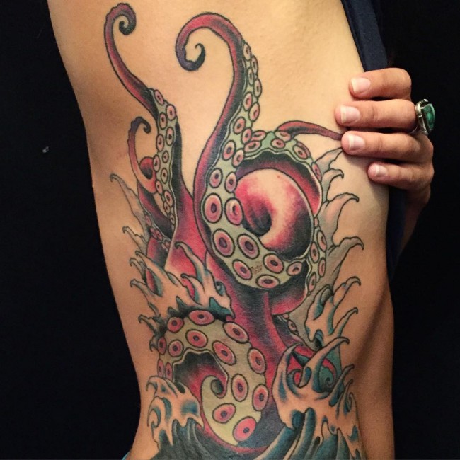 Colorful Japanese Octopus Tattoo Design For Side Rib