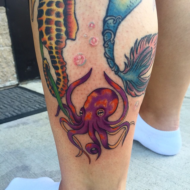 Colorful Japanese Octopus Tattoo On Left Thigh
