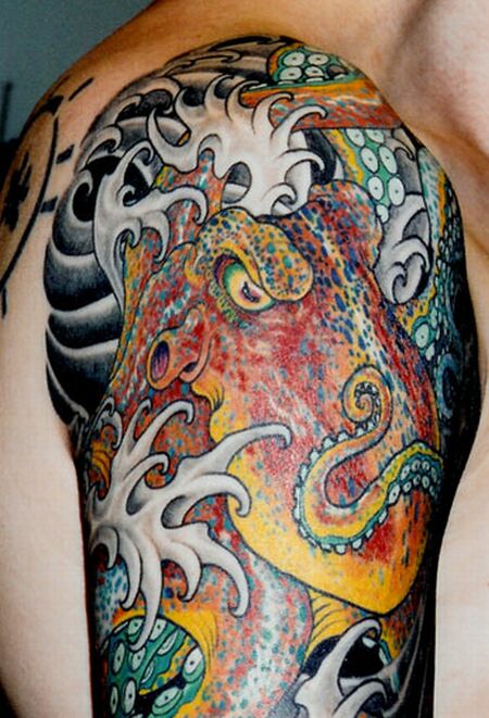 Colorful Japanese Octopus Tattoo On Man Right Shoulder