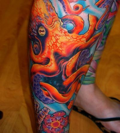 Colorful Japanese Octopus Tattoo On Right Leg
