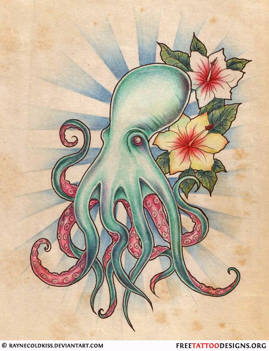 Colorful Japanese Octopus With Flowers Tattoo Design