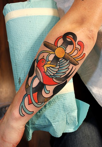 Colorful Neo Anchor With Bird Tattoo On Left Arm By Dave Wah