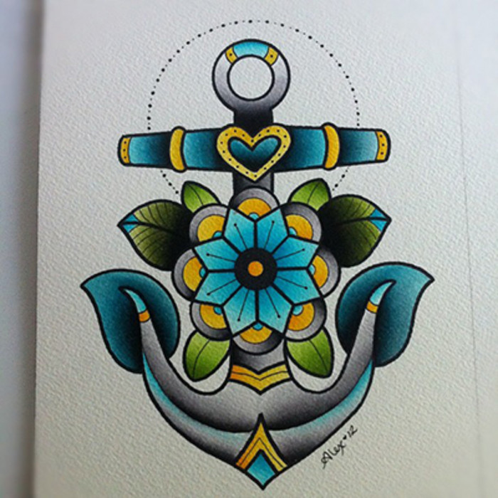 Colorful Neo Anchor With Flower Tattoo Design