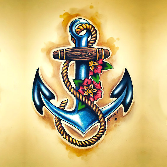 Colorful Neo Anchor With Flowers Tattoo Design
