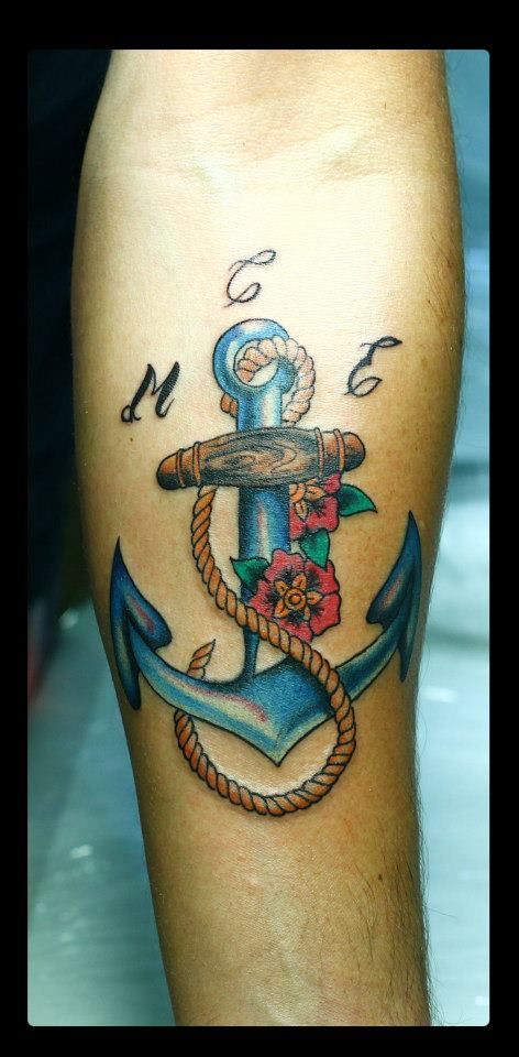 Colorful Neo Anchor With Flowers Tattoo On Forearm
