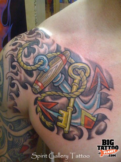 Colorful Neo Anchor With Key Tattoo On Man Right Front Shoulder