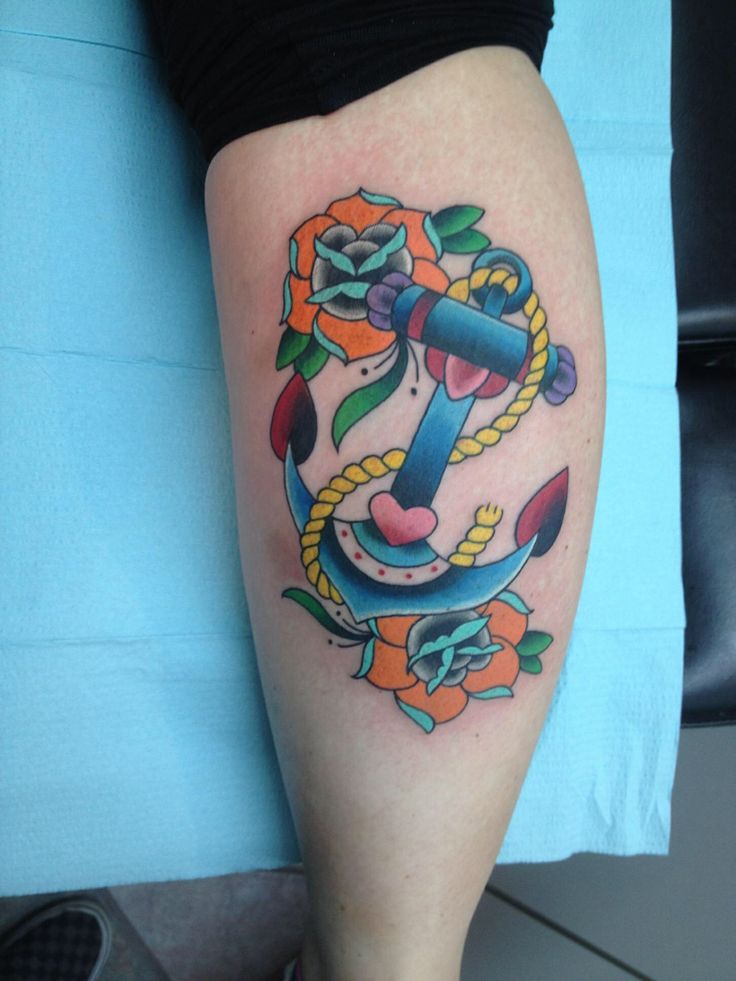 Colorful Neo Anchor With Roses Tattoo On Leg Calf By Matt Stankis