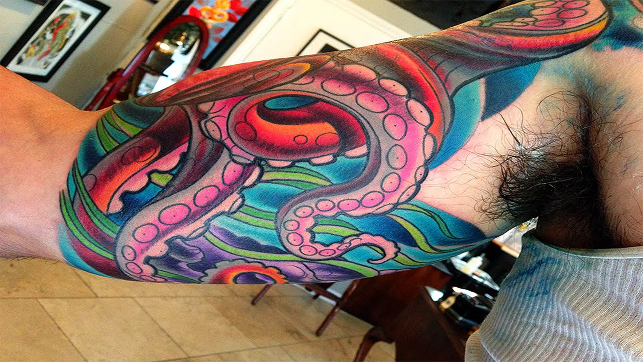 Colorful Octopus Tattoo On Right Half Sleeve