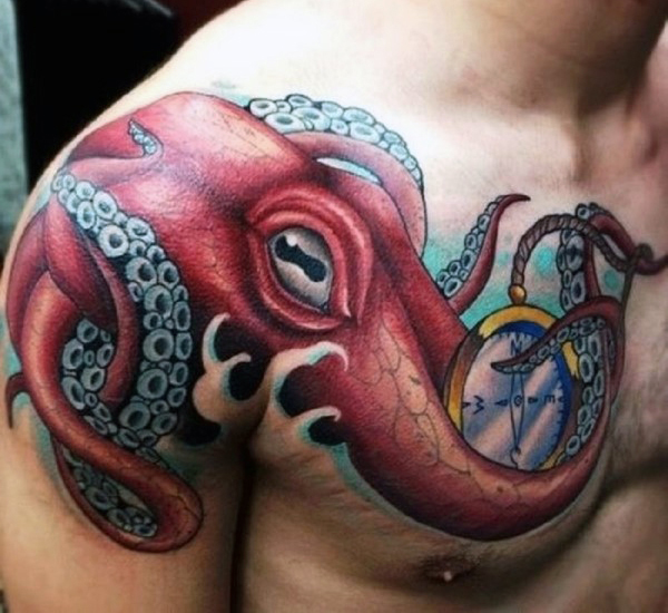 Colorful Octopus With Compass Tattoo On Man Right Front Shoulder