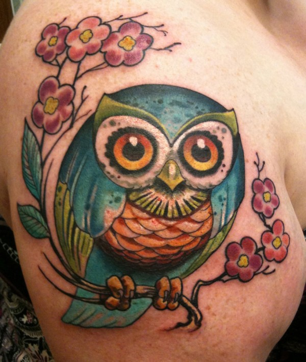 Colorful Owl On Branch Tattoo On Girl Right Shoulder By Cyndi Sweet