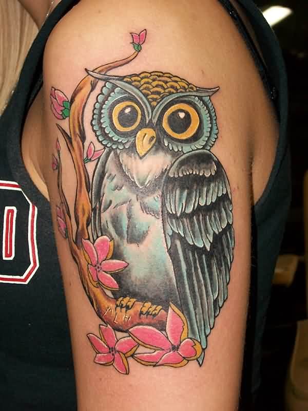 Colorful Owl On Branch Tattoo On Left Shoulder