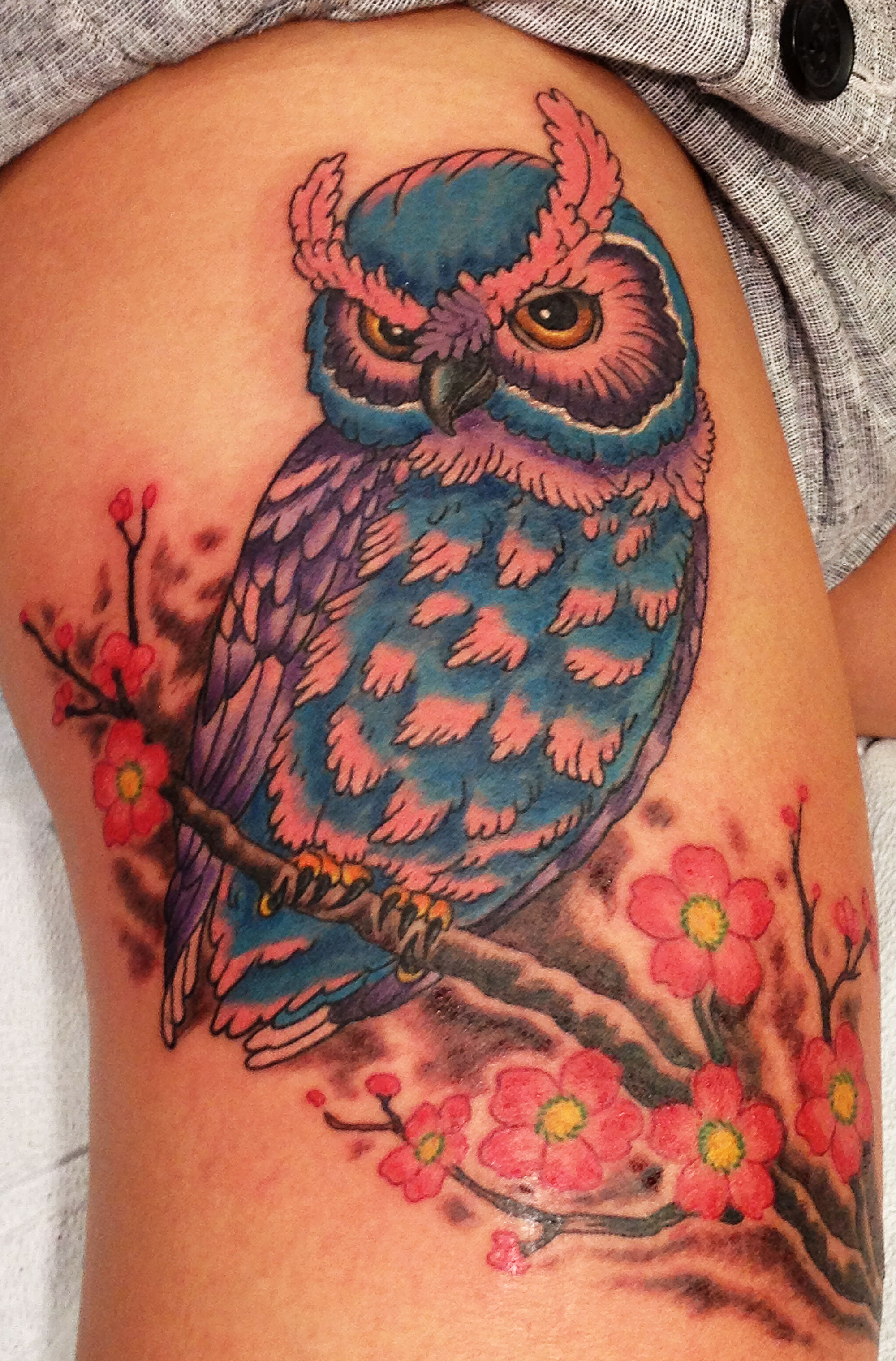 Colorful Owl On Branch Tattoo On Right Side Rib