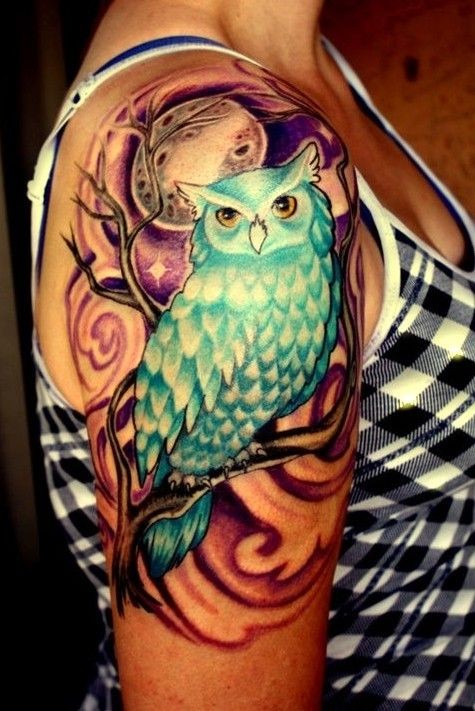 Colorful Owl On Branch With Moon Tattoo On Girl Right Shoulder