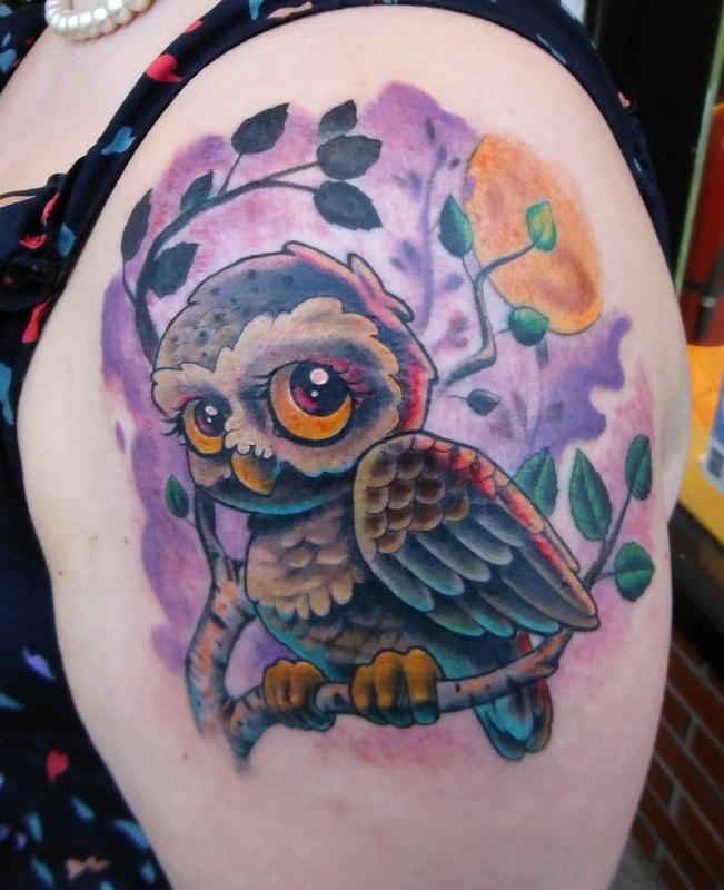 Colorful Owl On Tree Tattoo On Girl Left Shoulder