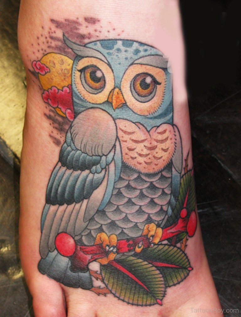Colorful Owl Tattoo On Female Right Foot