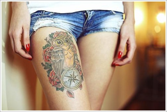 Colorful Owl With Compass And Roses Tattoo On Right Thigh