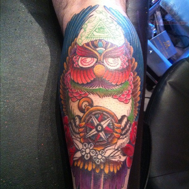 Colorful Owl With Compass Tattoo Design For Leg Calf