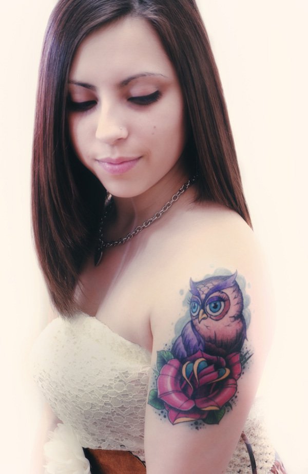 Colorful Owl With Flower Tattoo On Female Left Shoulder