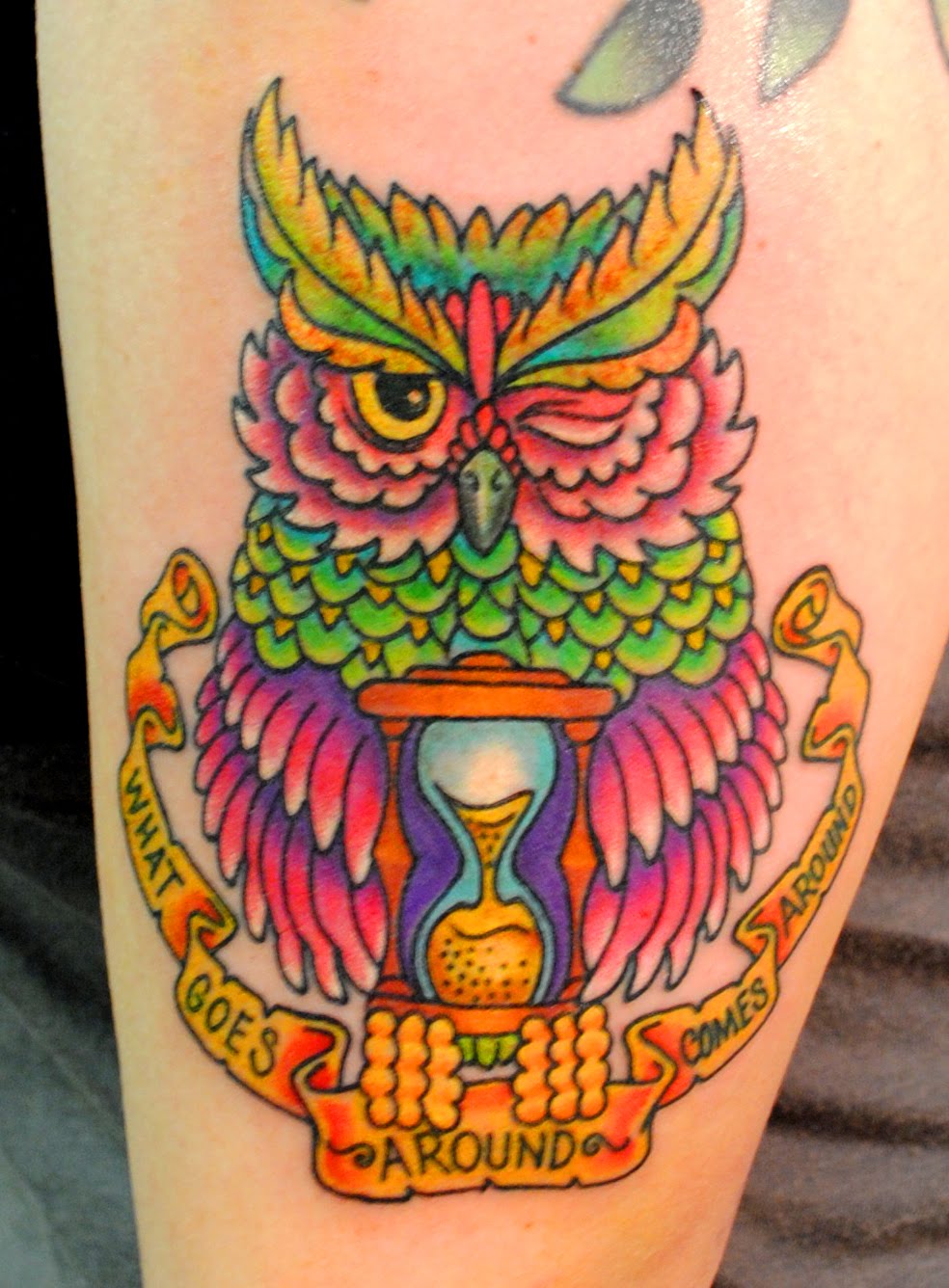 Colorful Owl With Hourglass And Banner Tattoo Design For Half Sleeve