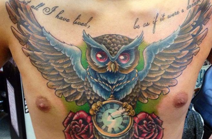 Colorful Owl With Pocket Watch And Roses Tattoo On Man Chest