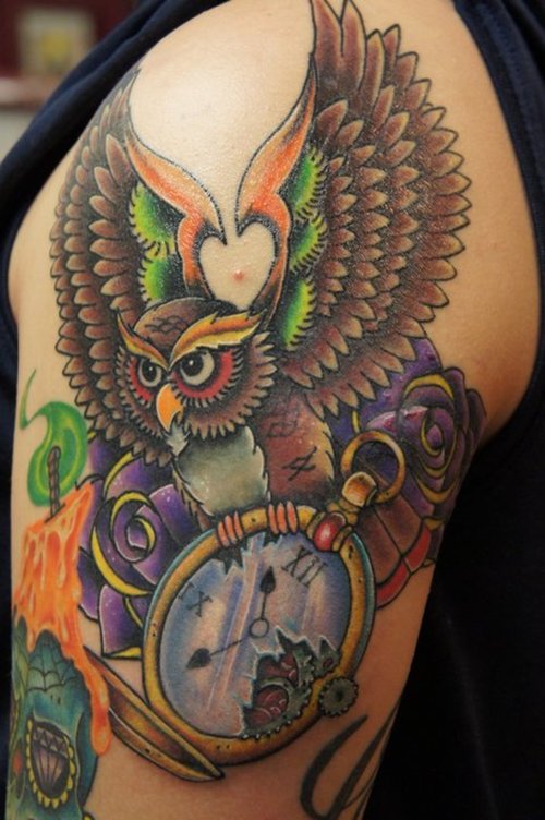 Colorful Owl With Pocket Watch Tattoo On Left Shoulder
