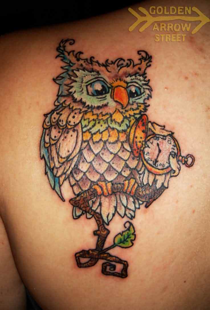 Colorful Owl With Pocket Watch Tattoo On Man Left Back Shoulder