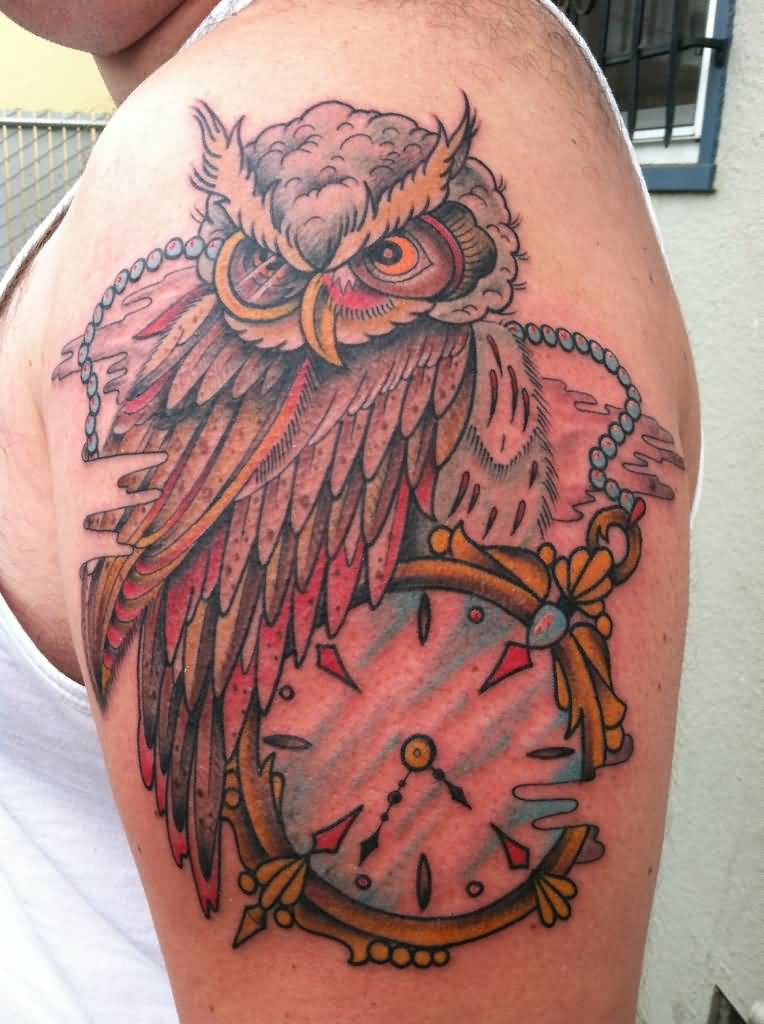 Colorful Owl With Pocket Watch Tattoo On Man Left Shoulder