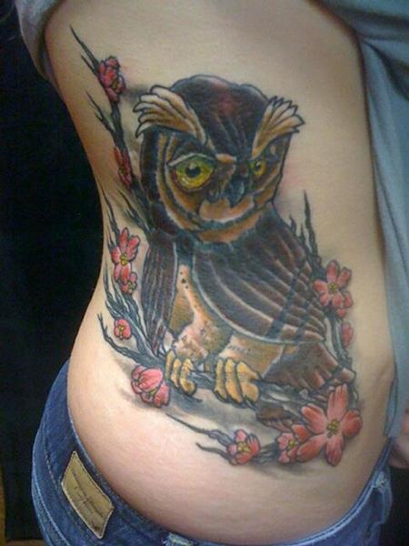 Colorful Owl With Tree Tattoo On Right Side Rib